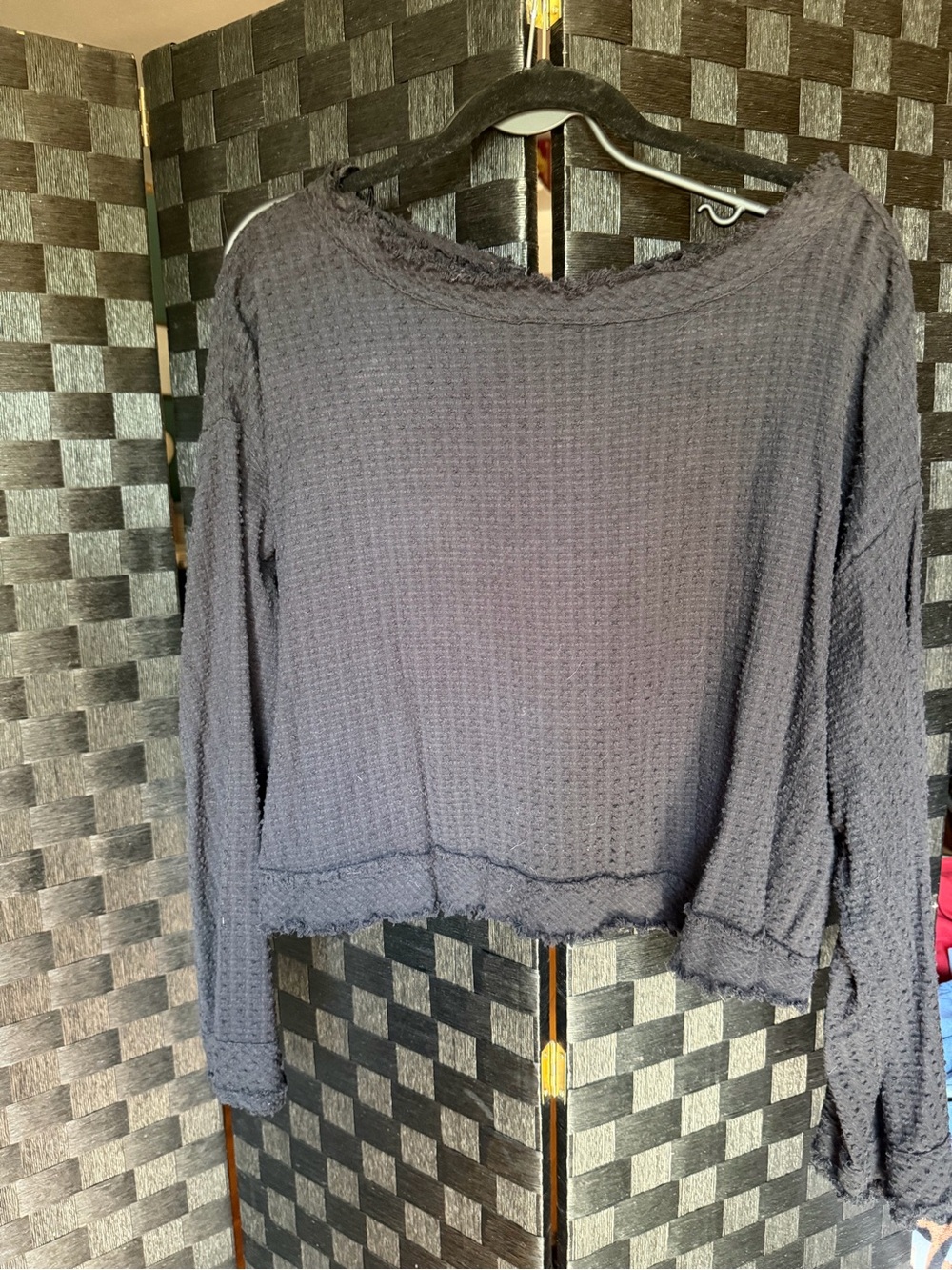 Free People Black Waffle Knit Raw-Edge top